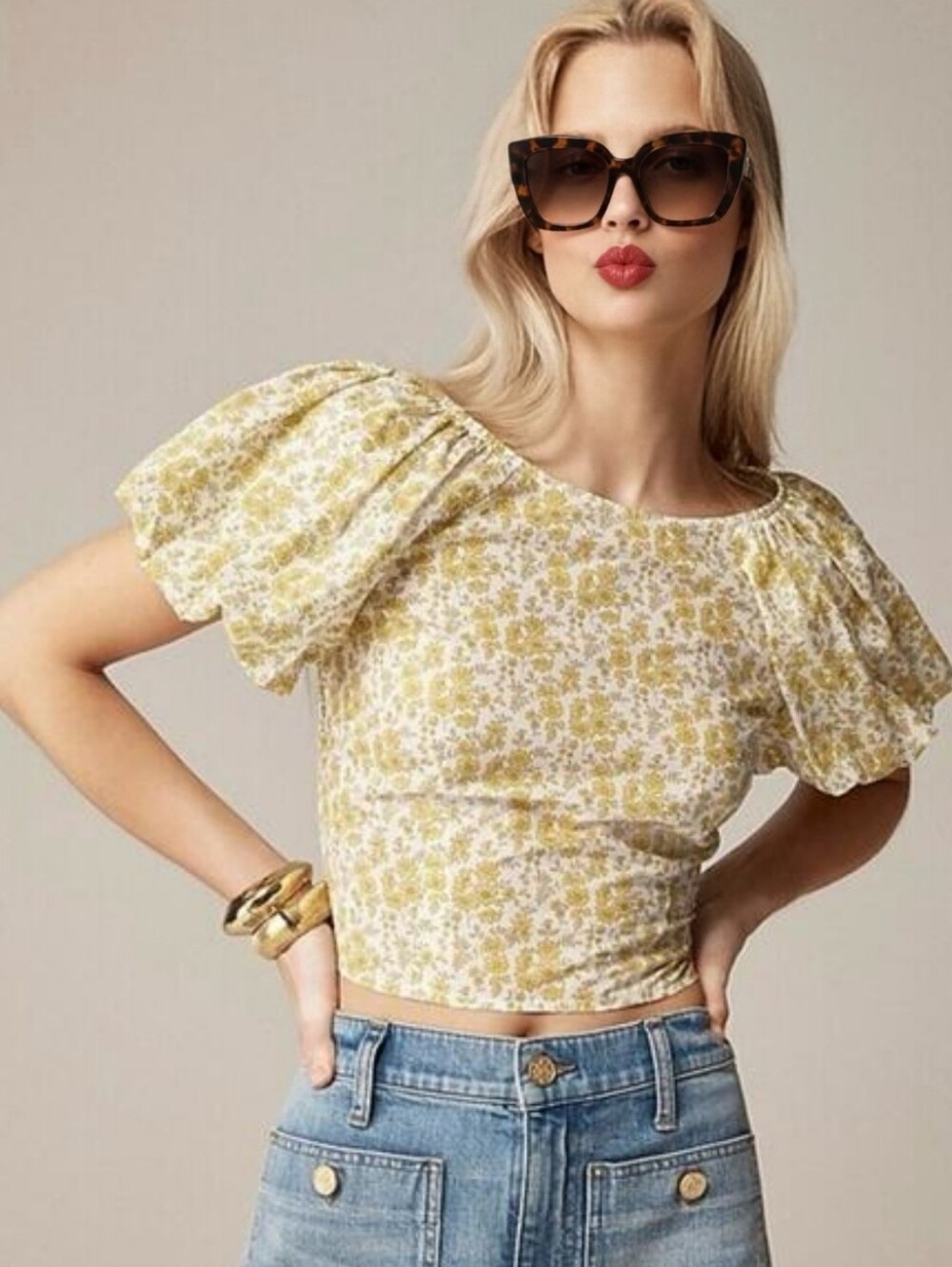 J. Crew Liberty of London Retro Yellow Floral Puff Sleeve Blouse, Size 2